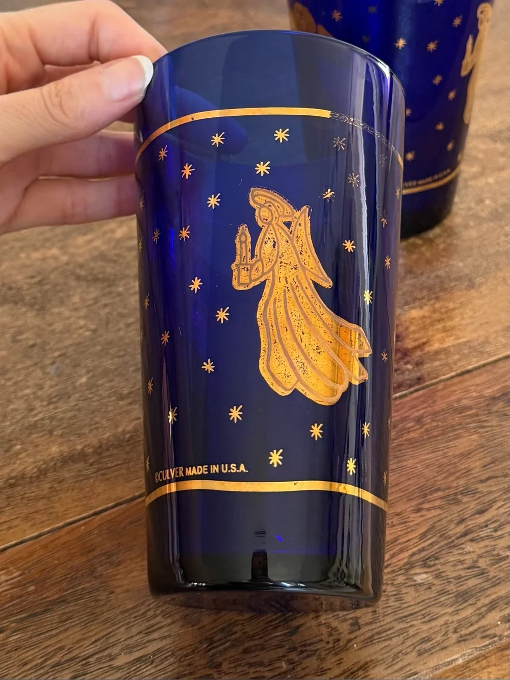MCM Glassware: Vintage Culver Cobalt Blue and 22K Gold Angel Tumblers